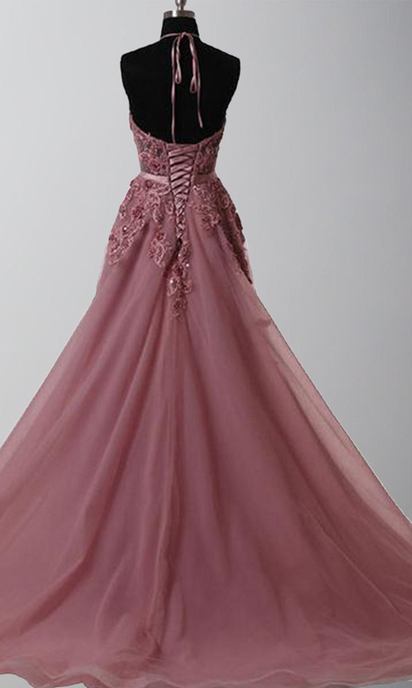 Halter Illusion Embellishment Purple Long Prom Gowns Lace Up Back - promboutiqueonline