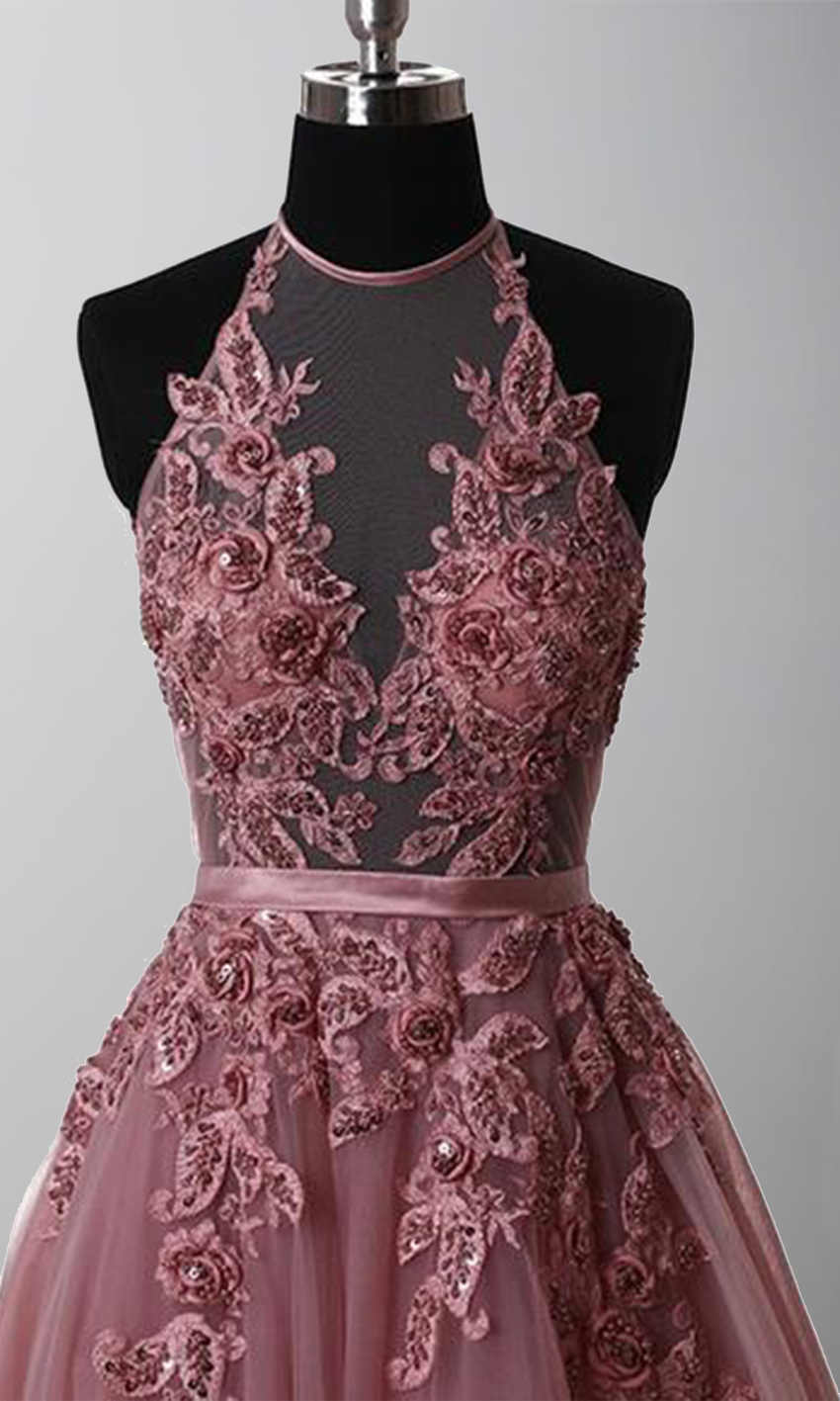 Halter Illusion Embellishment Purple Long Prom Gowns Lace Up Back - promboutiqueonline