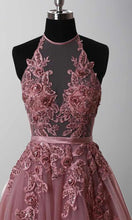 Load image into Gallery viewer, Halter Illusion Embellishment Purple Long Prom Gowns Lace Up Back