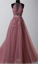 Load image into Gallery viewer, Halter Illusion Embellishment Purple Long Prom Gowns Lace Up Back