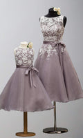 Floral Lace and Organza Tea Length Bridesmaid Dresses with Bowknot Belt P494 - promboutiqueonline