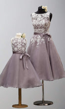 Load image into Gallery viewer, Floral Lace and Organza Tea Length Bridesmaid Dresses with Bowknot Belt P494