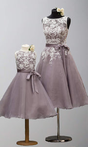 Floral Lace and Organza Tea Length Bridesmaid Dresses with Bowknot Belt P494