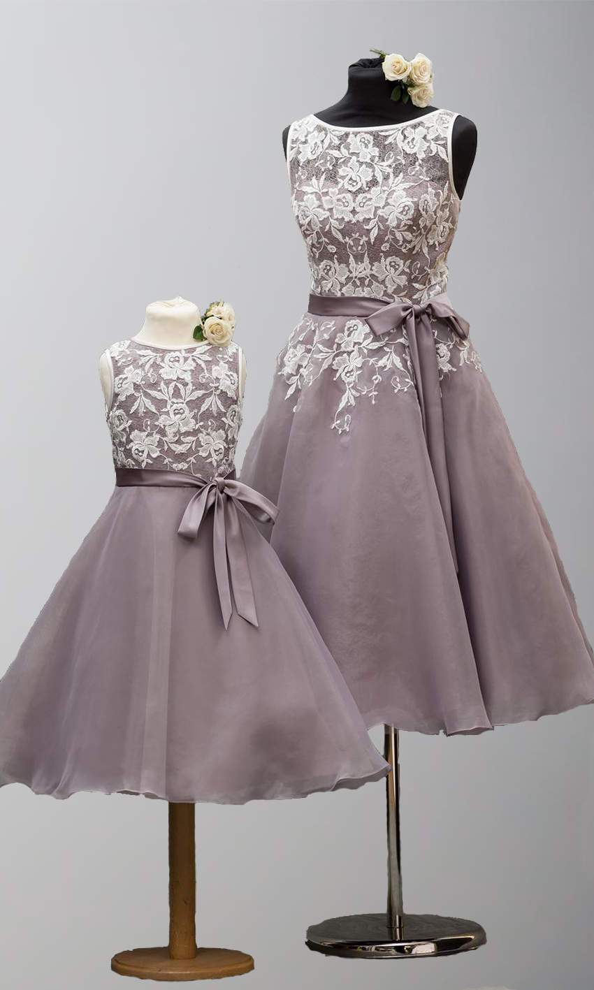 Tea Length Floral Lace Organza Bridesmaid Dresses Bowknot KSP494