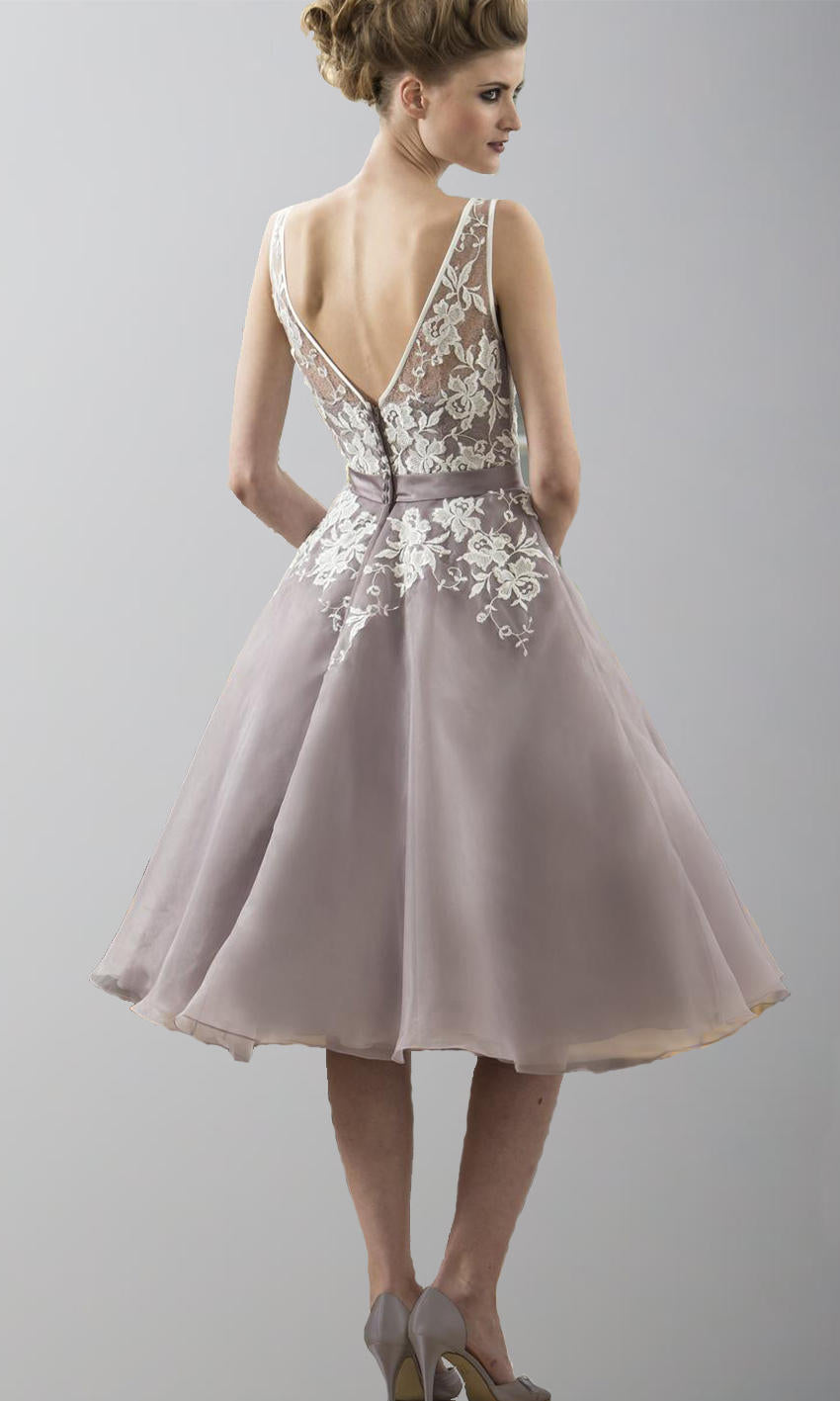 Floral Lace and Organza Tea Length Bridesmaid Dresses with Bowknot Belt P494 - promboutiqueonline