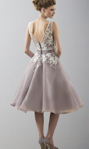Floral Lace and Organza Tea Length Bridesmaid Dresses with Bowknot Belt P494