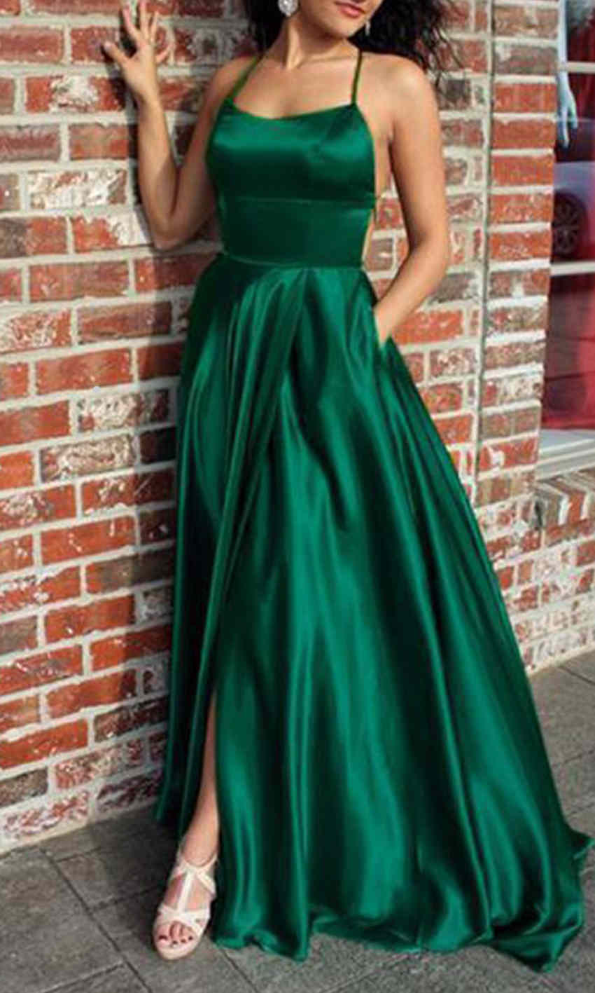 Green Strappy Long Pocket Prom Dresses Slit with String Back P496