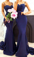 Load image into Gallery viewer, Beautiful Blue lace Mermaid Bridesmaid Dresses Long with Spaghetti Straps P497