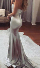 Load image into Gallery viewer, Silver Satin Mermaid Evening Prom Dresses Bridesmaid Dresses with Train P499