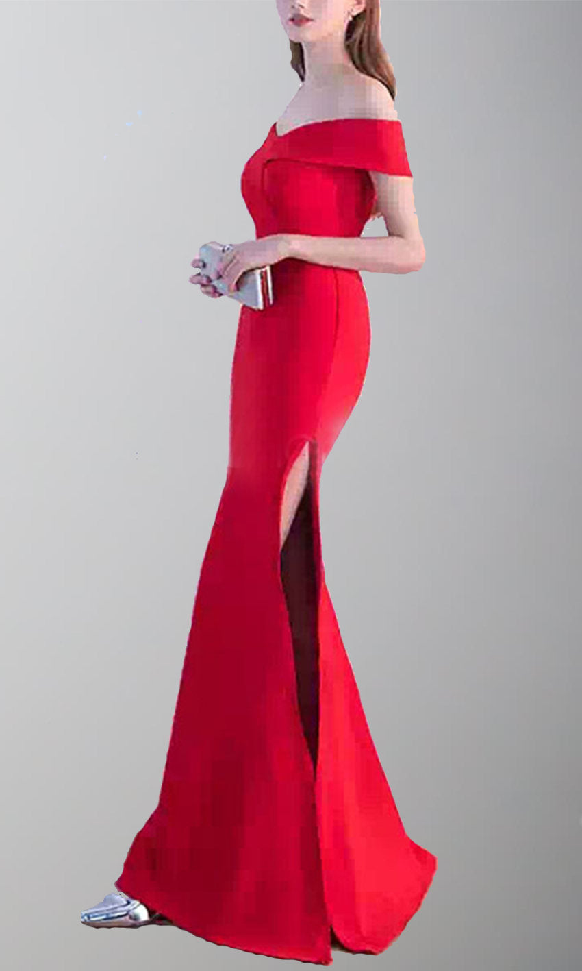 Slash Binding Collar Red Prom Dresses with Side Thigh Slit P500 - promboutiqueonline