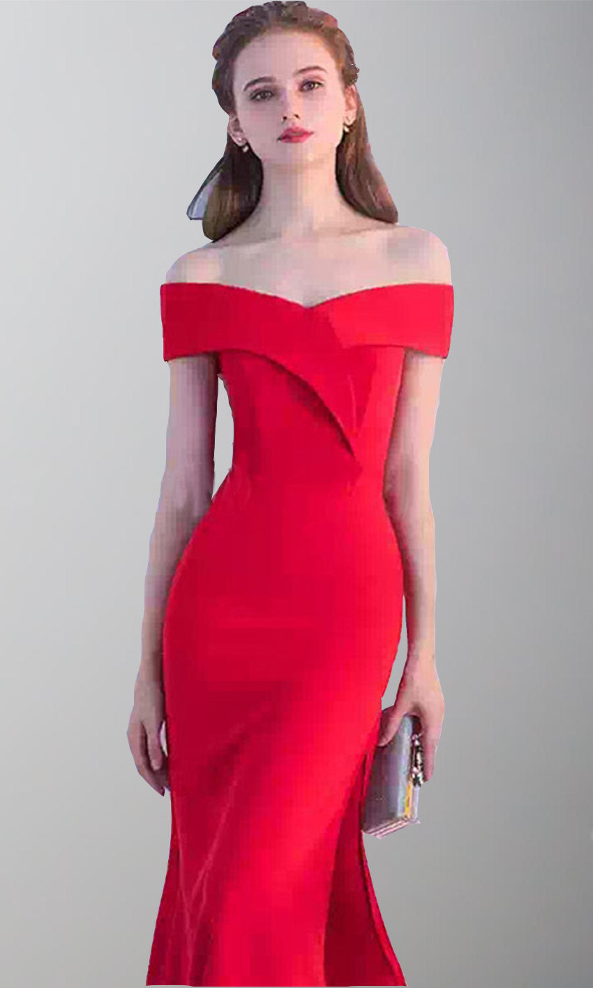 Slash Binding Collar Red Prom Dresses with Side Thigh Slit P500 - promboutiqueonline
