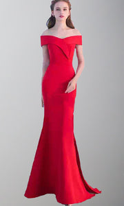 Slash Binding Collar Red Prom Dresses with Side Thigh Slit P500