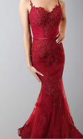 Straps Applique Red Lace Mermaid Prom Dresses Feature Buttons Back P502 - promboutiqueonline