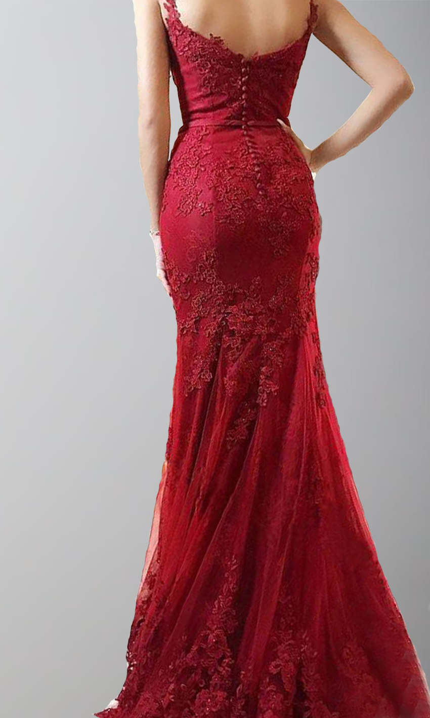 Straps Applique Red Lace Mermaid Prom Dresses Feature Buttons Back P502 - promboutiqueonline