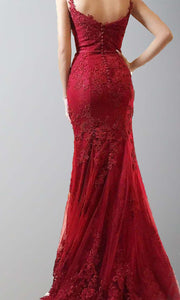 Straps Applique Red Lace Mermaid Prom Dresses Feature Buttons Back P502