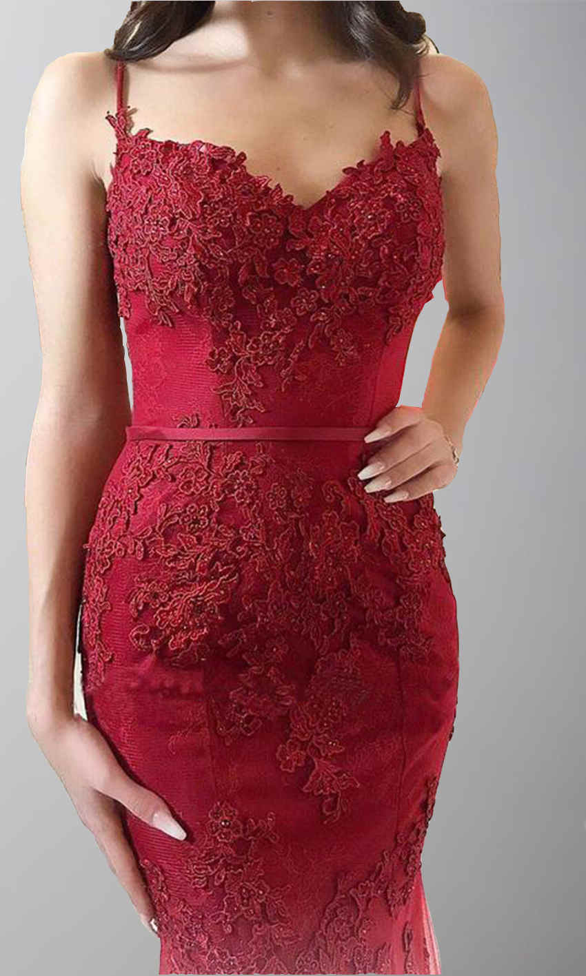 Straps Applique Red Lace Mermaid Prom Dresses Feature Buttons Back P502 - promboutiqueonline