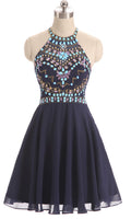 Short Blue Prom Dresses Features Patterned Rhinestone Embellishment Halter Top P503 - promboutiqueonline