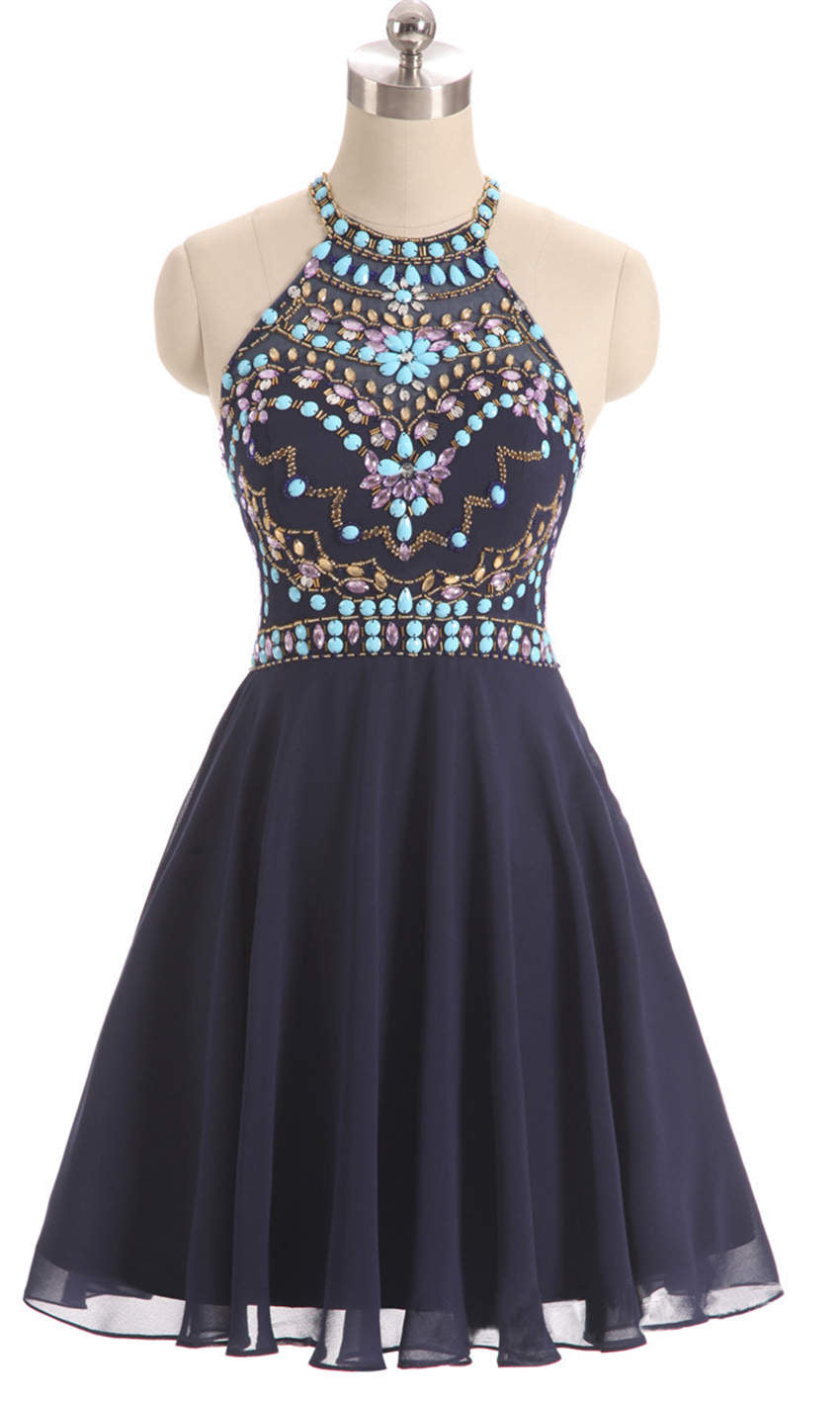Short Blue Prom Dresses Features Patterned Rhinestone Embellishment Halter Top P503 - promboutiqueonline