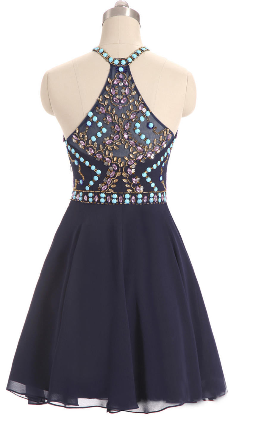 Short Blue Prom Dresses Features Patterned Rhinestone Embellishment Halter Top P503 - promboutiqueonline