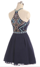 Load image into Gallery viewer, Short Blue Prom Dresses Features Patterned Rhinestone Embellishment Halter Top P503