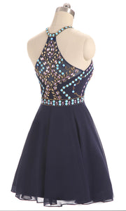 Short Blue Prom Dresses Features Patterned Rhinestone Embellishment Halter Top P503