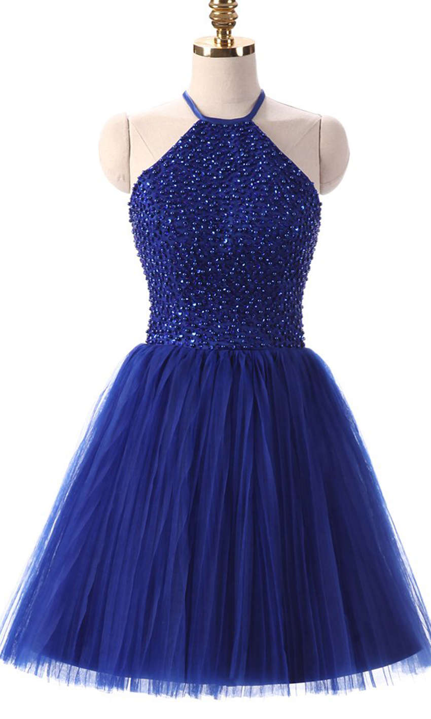 Royal Blue Short Beaded 8th Grade Prom Dresses with Keyhole Back