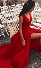 Load image into Gallery viewer, Flowy Long Red Prom Dresses With Plunge V-neck And High Side Slit P506