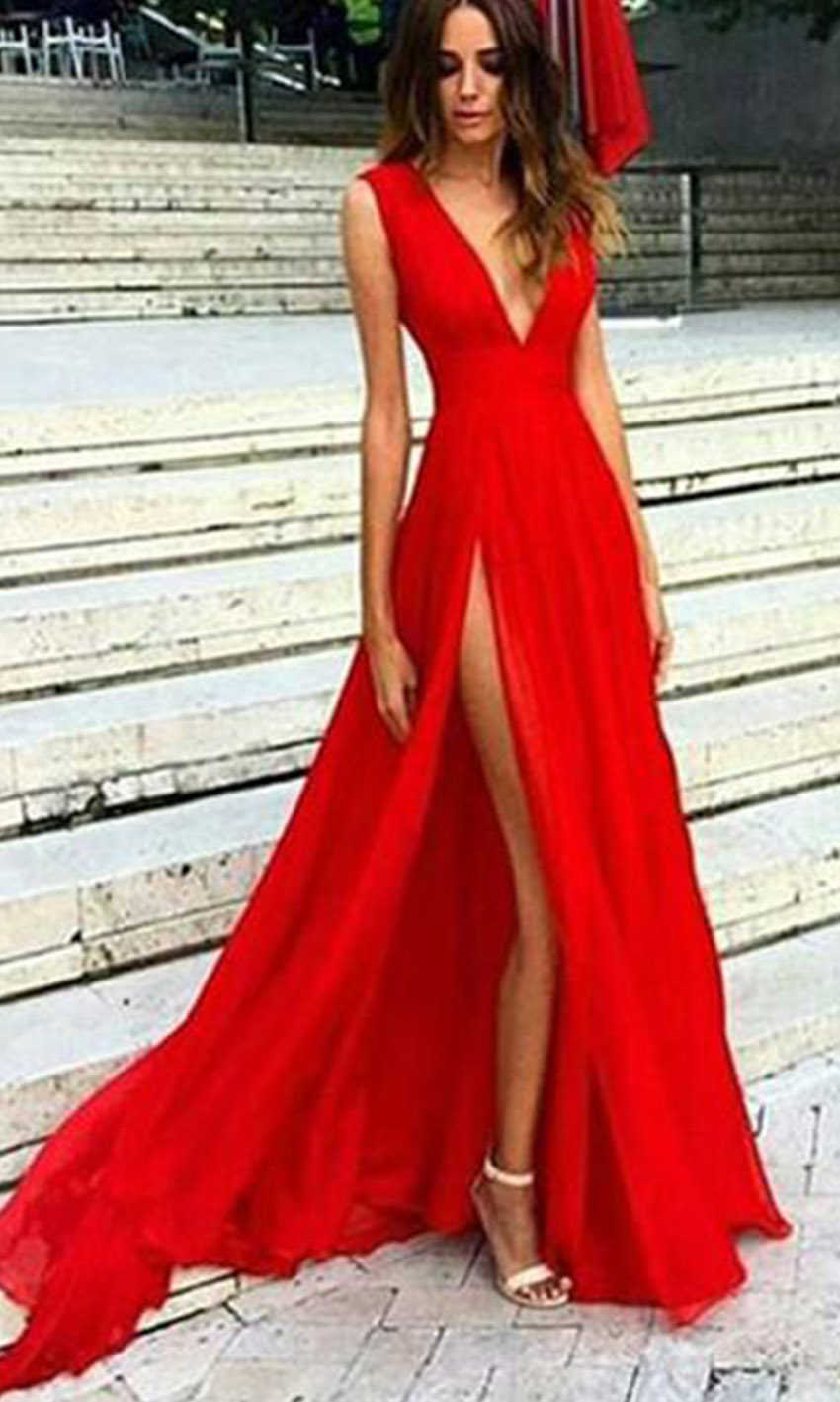 Flowy Long Red Prom Dresses With Plunge V-neck And High Side Slit P506 - promboutiqueonline