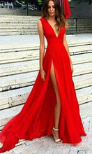 Load image into Gallery viewer, Flowy Long Red Prom Dresses With Plunge V-neck And High Side Slit P506