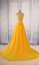 Load image into Gallery viewer, Plunging Long Yellow Prom Dresses with Cross Straps Open Back KSP507