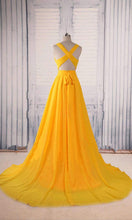 Load image into Gallery viewer, Plunging Long Yellow Prom Dresses with Cross Straps Open Back KSP507
