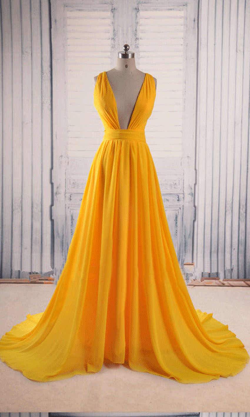 Plunging Long Yellow Prom Dresses with Cross Straps Open Back