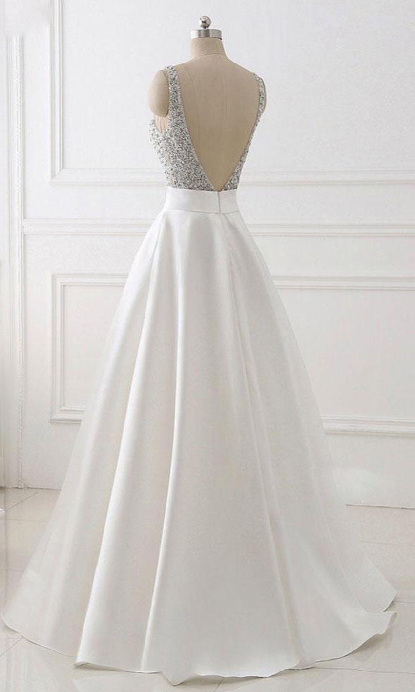 Sequin Long White Prom Dresses with Plunge V-neck P510 - promboutiqueonline