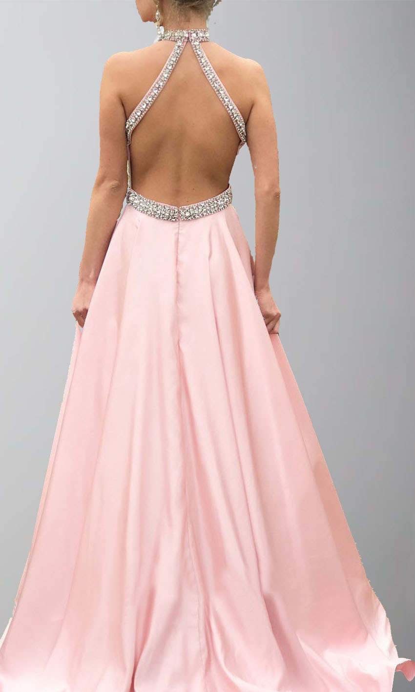 Light Pink Embellishment Halter Satin Puffy Prom Dresses with Open Back P511 - promboutiqueonline