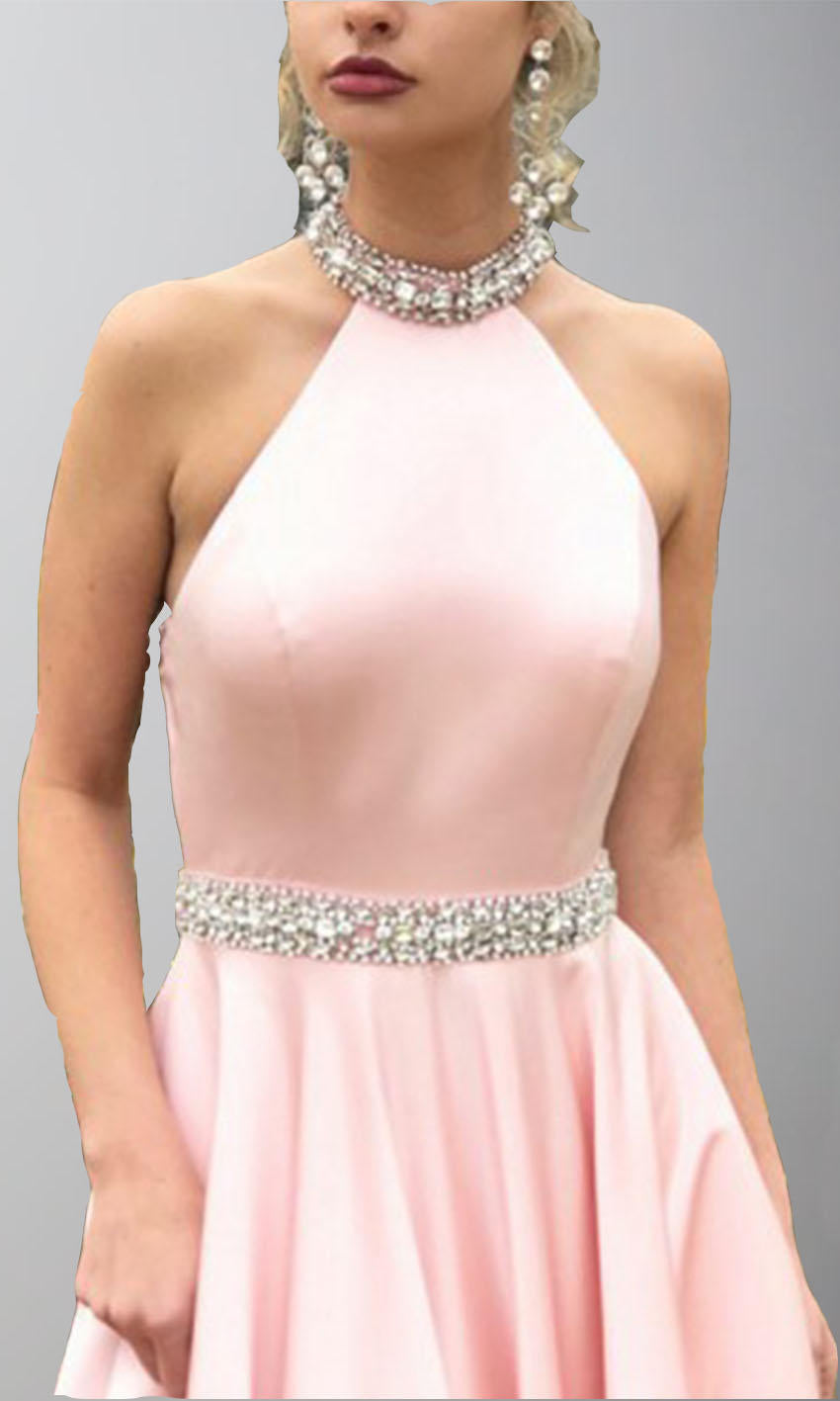 Light Pink Embellishment Halter Satin Puffy Prom Dresses with Open Back P511 - promboutiqueonline