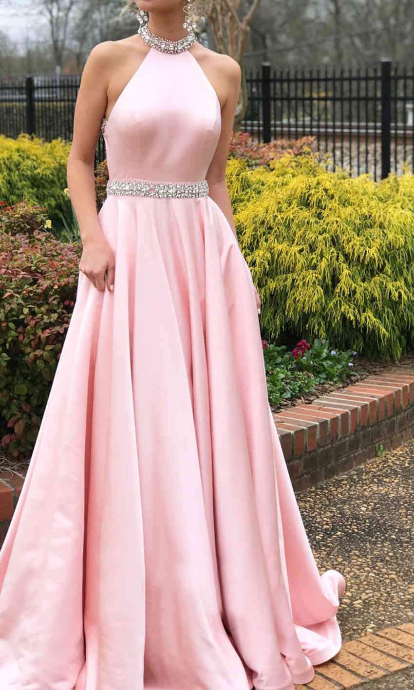 Light Pink Embellishment Halter Satin Puffy Prom Dresses with Open Back P511