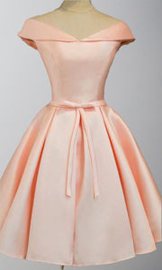 Rose Pink Satin Short V-neck Graduation Dresses with Lace Up Back P512