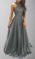 Grey Beaded Halter Girls Prom Dresses Long Y Shape Back P513 - promboutiqueonline