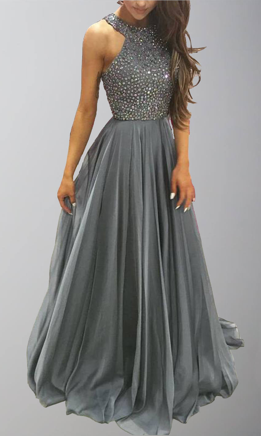Grey Beaded Halter Girls Prom Dresses Long Y Shape Back P513 - promboutiqueonline