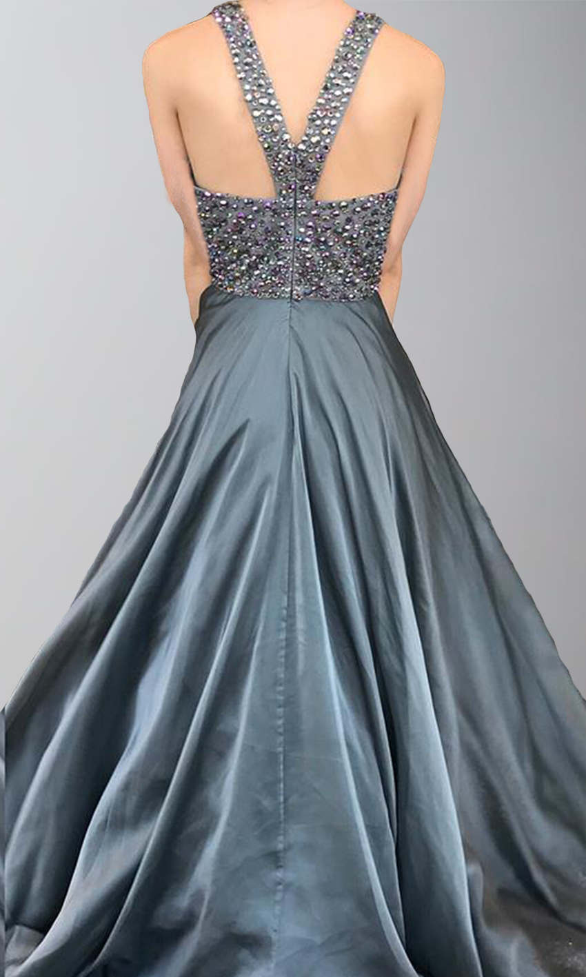 Grey Beaded Halter Girls Prom Dresses Long Y Shape Back P513 - promboutiqueonline