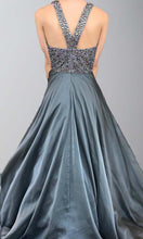 Load image into Gallery viewer, Grey Beaded Halter Girls Prom Dresses Long Y Shape Back P513