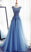 Floral Embellished Sheer Lace Blue Prom Dresses With Adjustable Lace Up Back P514 - promboutiqueonline
