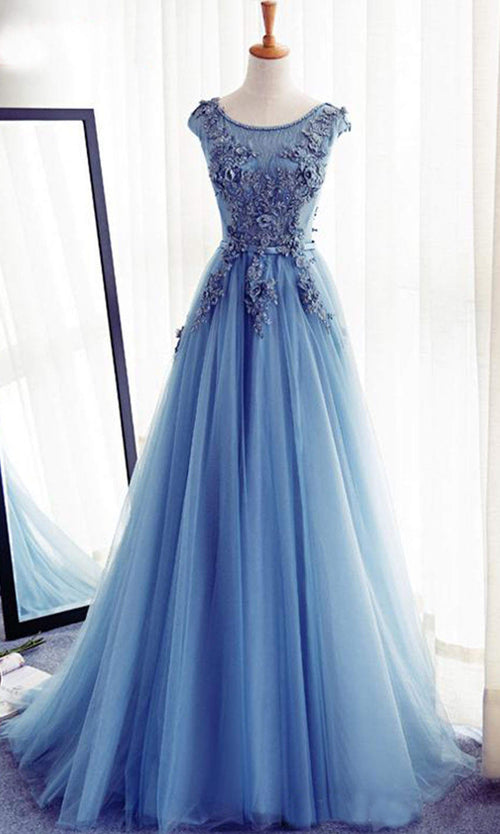 Floral Embellished Sheer Lace Blue Prom Dresses With Adjustable Lace Up Back P514 - promboutiqueonline