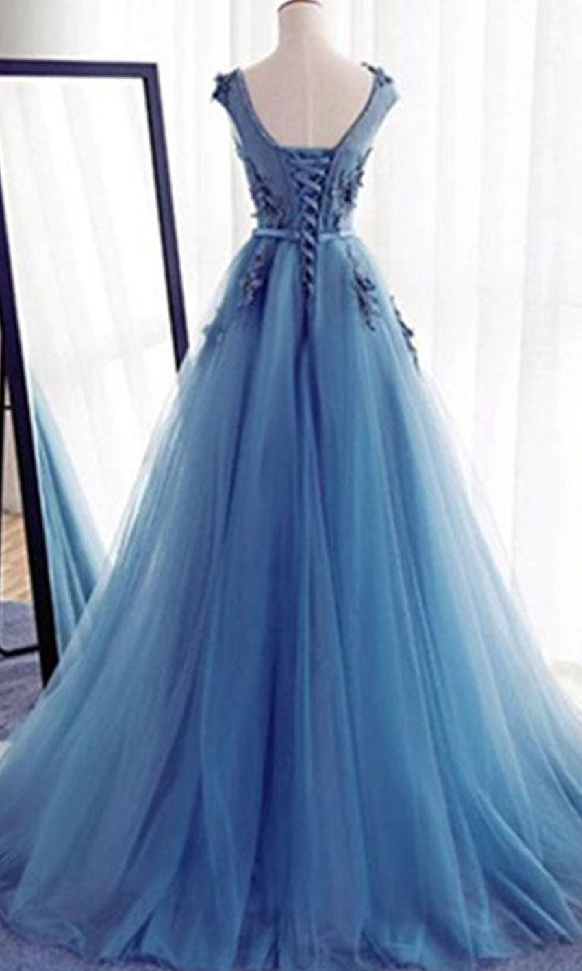 Floral Embellished Sheer Lace Blue Prom Dresses With Adjustable Lace Up Back P514 - promboutiqueonline