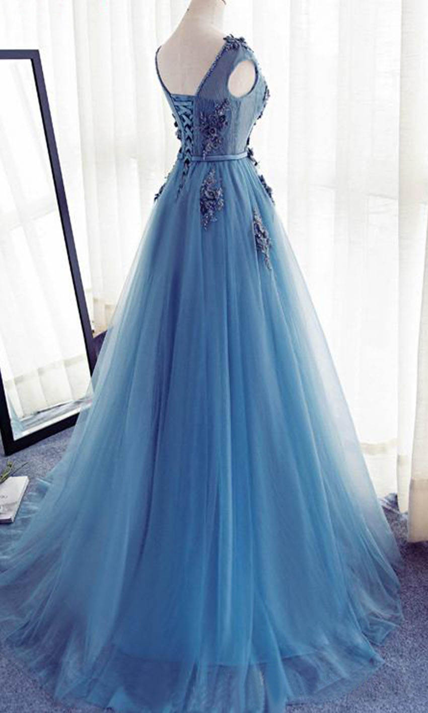 Floral Embellished Sheer Lace Blue Prom Dresses With Adjustable Lace Up Back P514 - promboutiqueonline