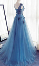 Load image into Gallery viewer, Floral Embellished Sheer Lace Blue Prom Dresses With Adjustable Lace Up Back P514