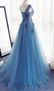 Floral Embellished Sheer Lace Blue Prom Dresses With Adjustable Lace Up Back P514