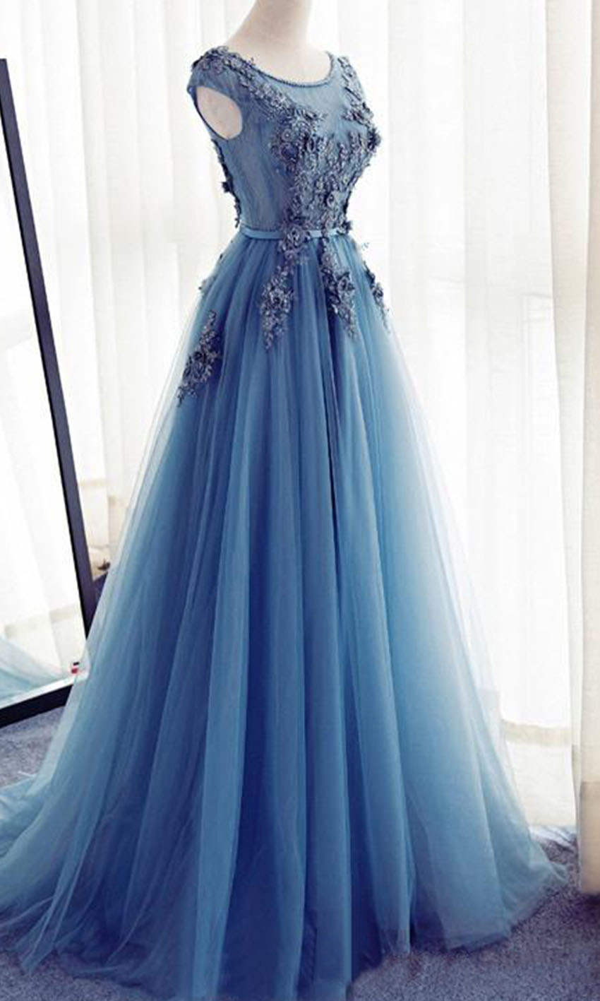Floral Embellished Sheer Lace Blue Prom Dresses With Adjustable Lace Up Back P514 - promboutiqueonline