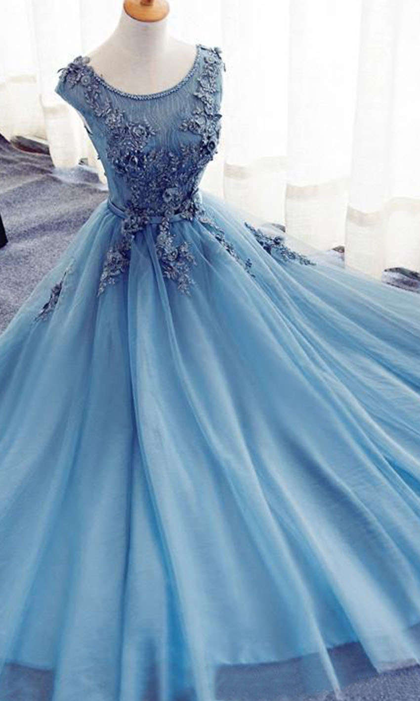 Floral Embellished Sheer Lace Blue Prom Dresses With Adjustable Lace Up Back P514 - promboutiqueonline