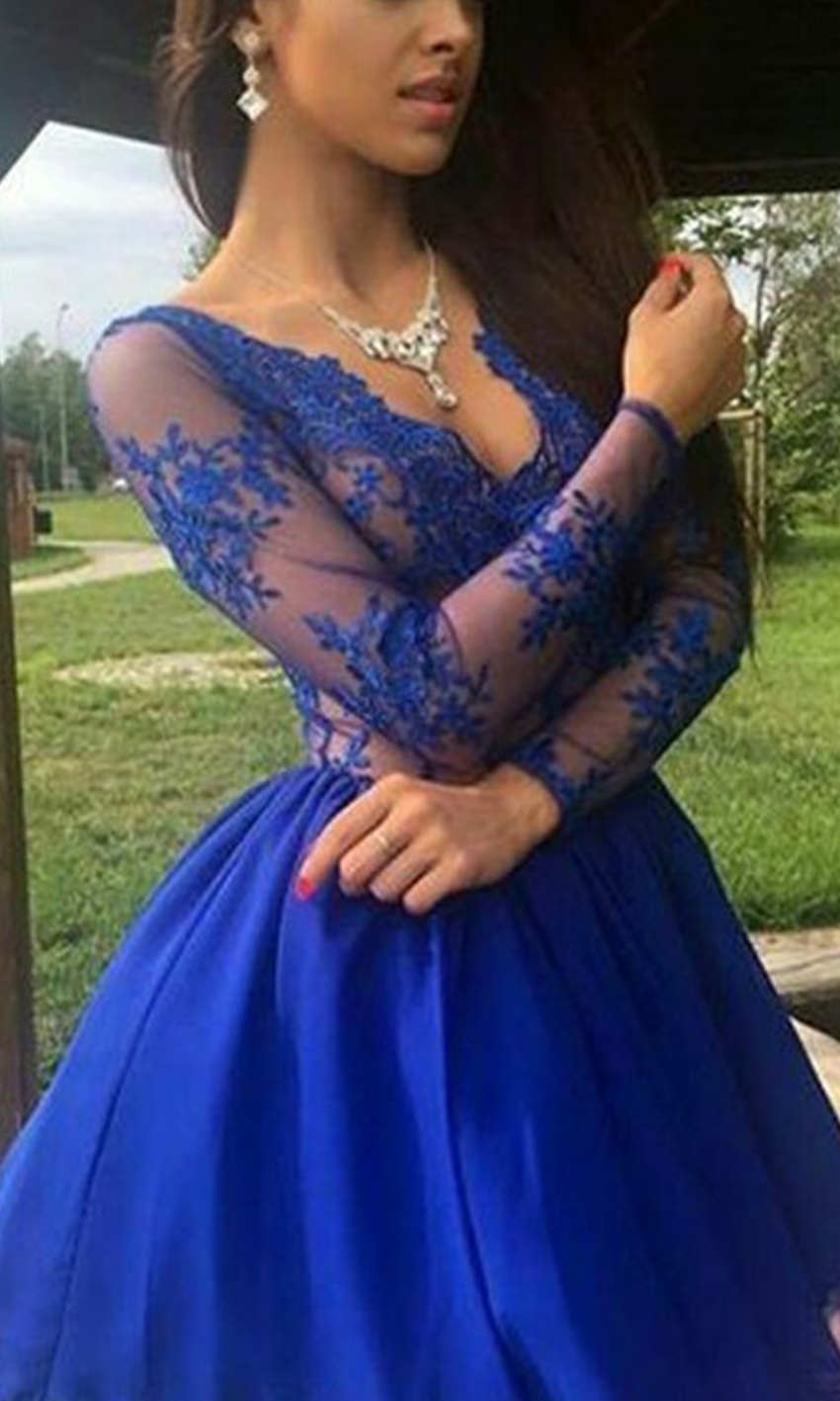 Blue V-neck Lace Prom Dresses Long Sleeves in Knee Length P516 - promboutiqueonline